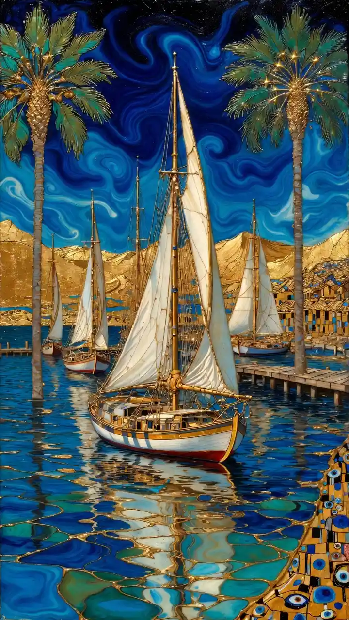 Surreal Gilded Harbor With Luminous Sea And Sculpted Boats