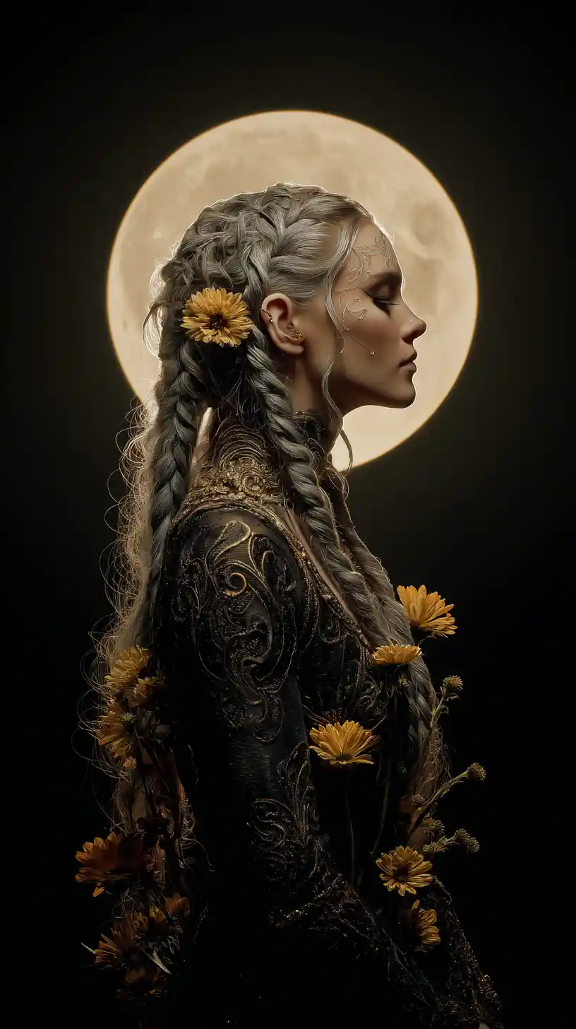 Dark fantasy woman beneath a glowing black moon
