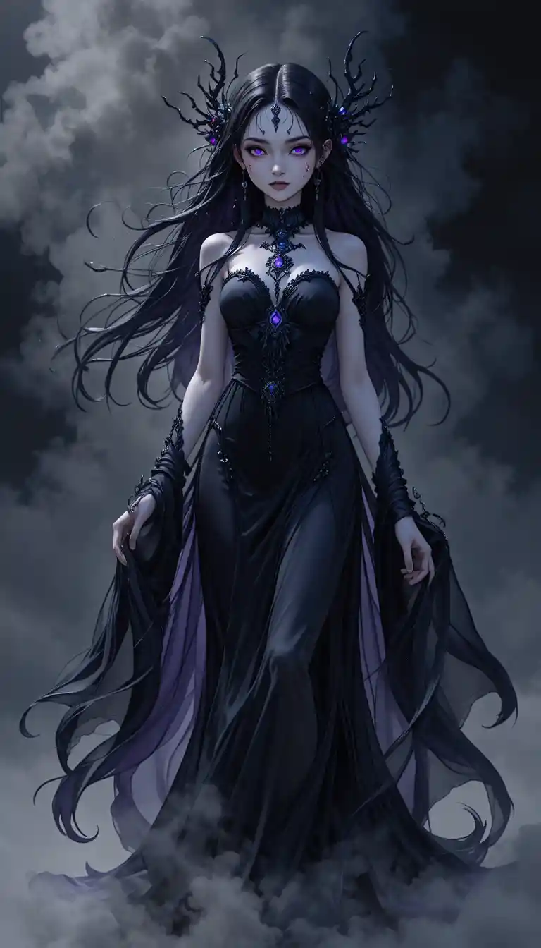 Ethereal anime ghost girl with dark flowing shadows