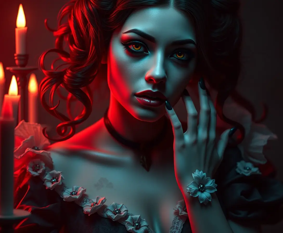 Mysterious dark woman in a popsurreal comic horror scene