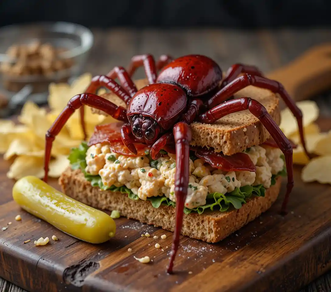 Surreal spider on chicken salad and bacon sandwich