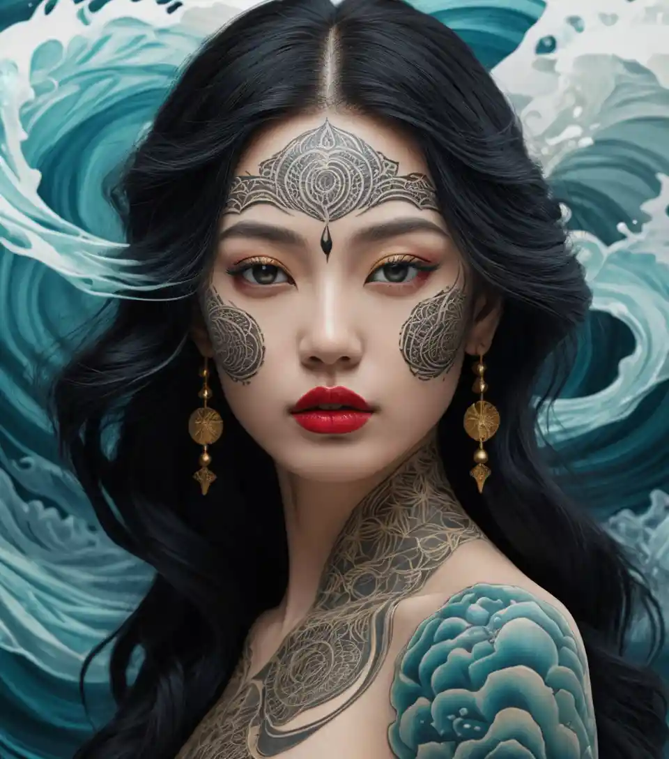 Surreal ocean inspired tattoo illustration of porcelain skinned woman