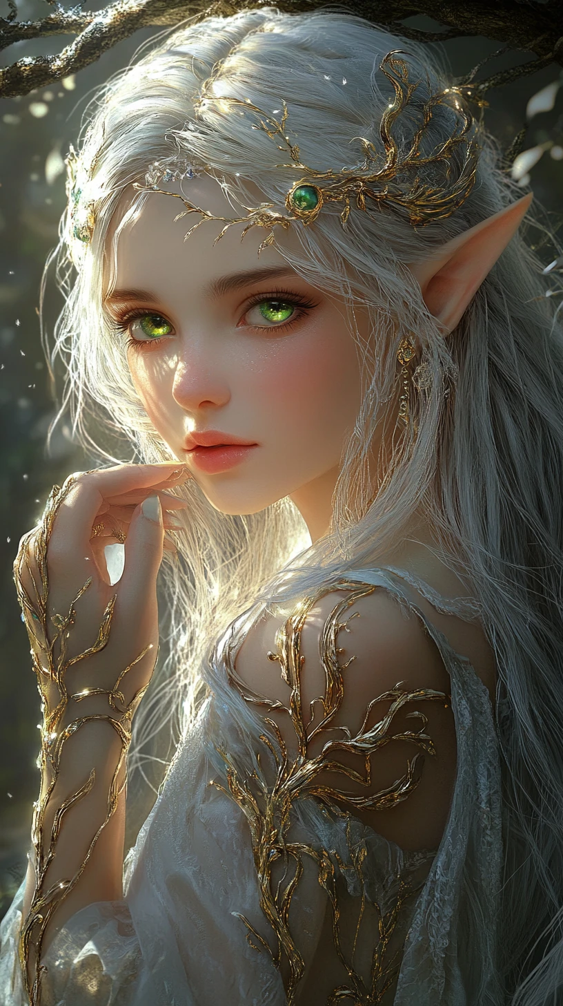 Elegant high elf woman in a glowing enchanted forest