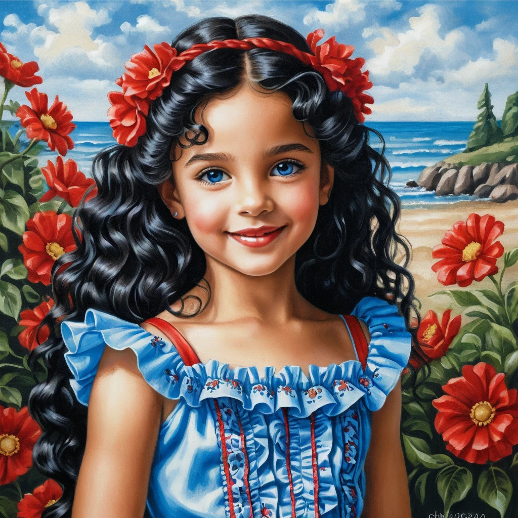 Smiling curly haired girl in a blue summer dress