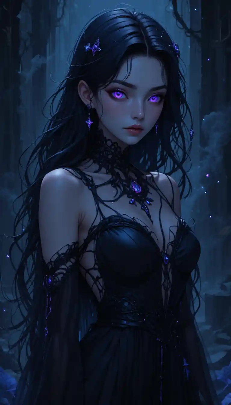 Ethereal anime ghost girl with flowing dark torn dress