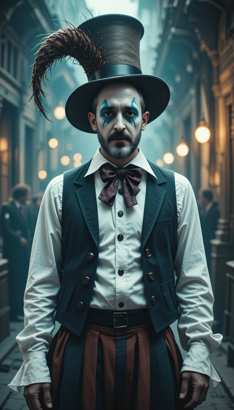 Colorful jester in baggy pants and tall feathered top hat