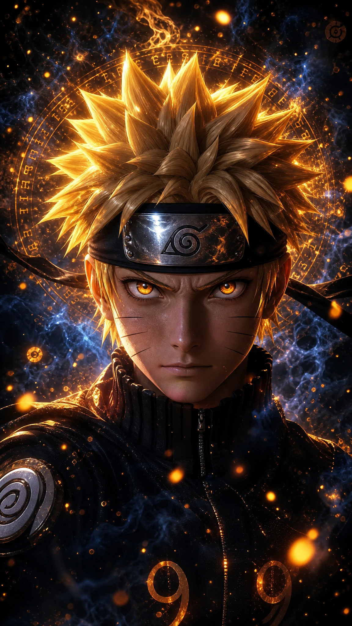 Anime ninja portrait with glowing eyes in cosmic void