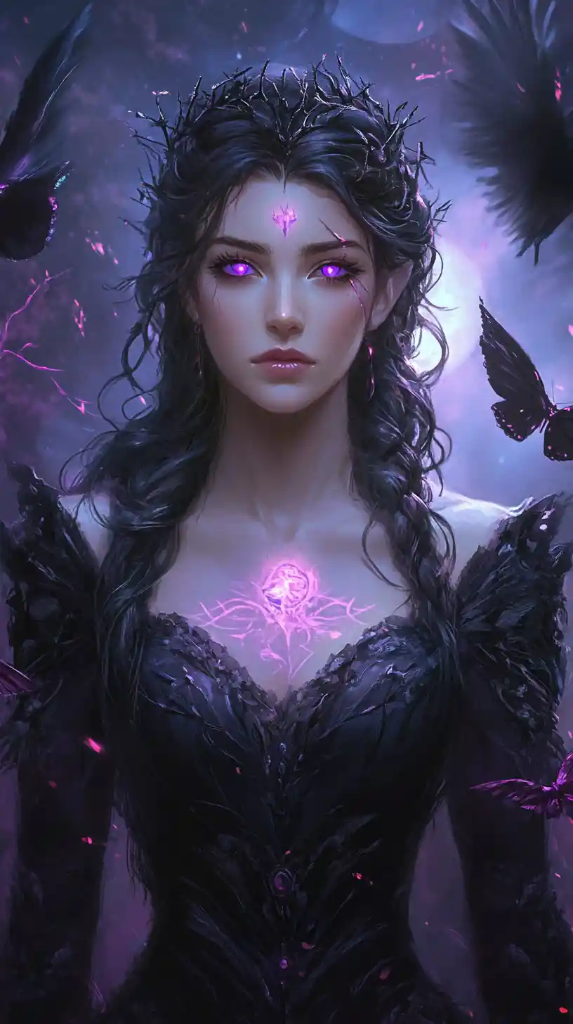 Gothic sorceress with glowing violet magic in the night