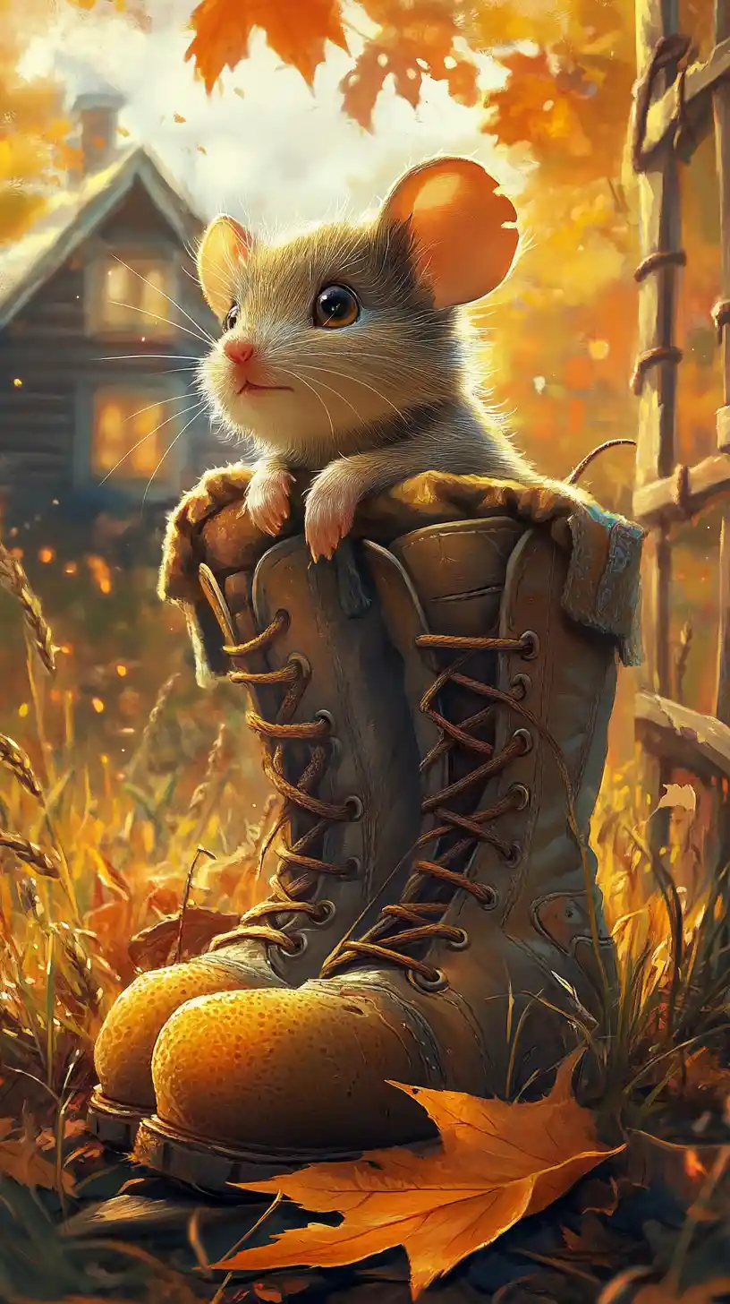 Cartoon Mouse In A Giant Boot Under A Leaf Shelter