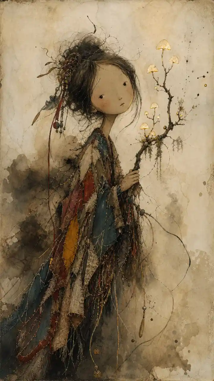 Melancholic fantasy girl holding glowing fungi branch illustration