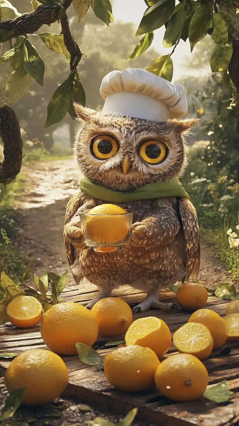 Smiling Owl Chef Making Citrus Juice Under Orange Tree