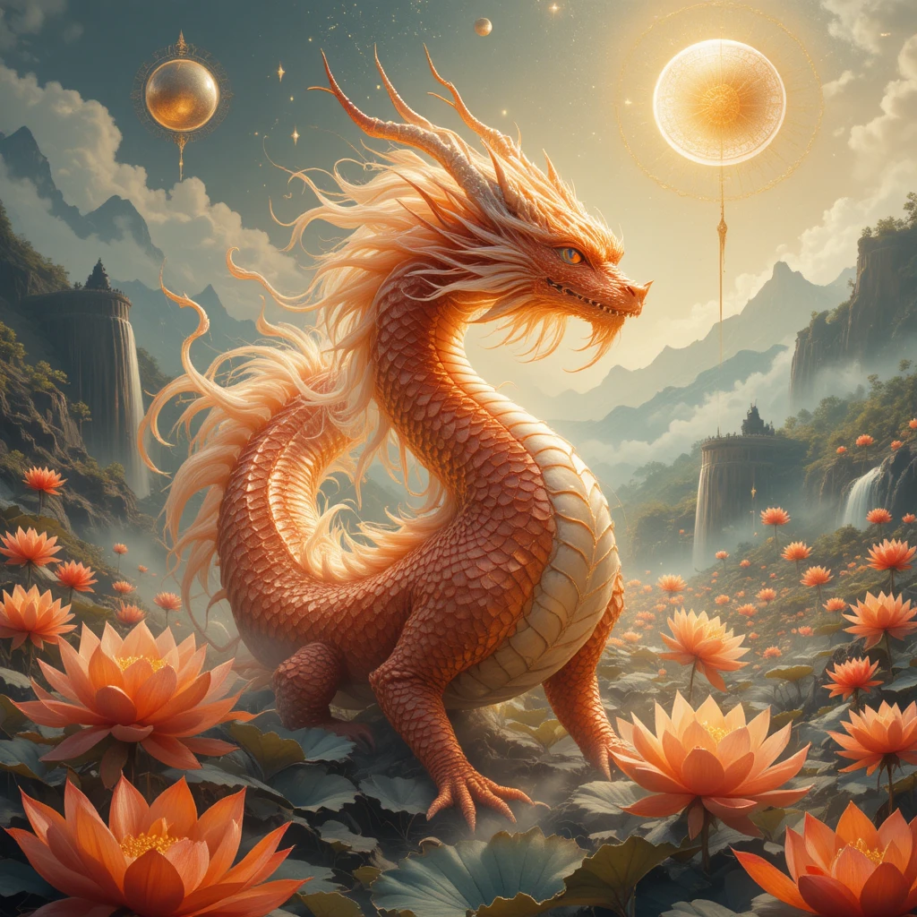 Majestic Celestial Dragon Portrait Among Blooming Lotus Flowers
