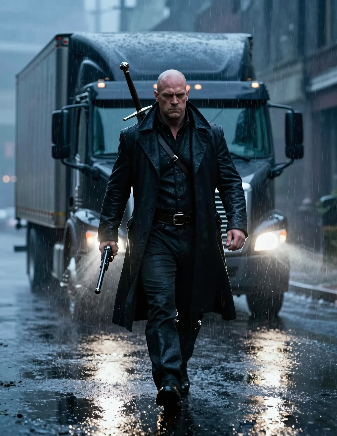 Armed warrior strides down a rainy city street