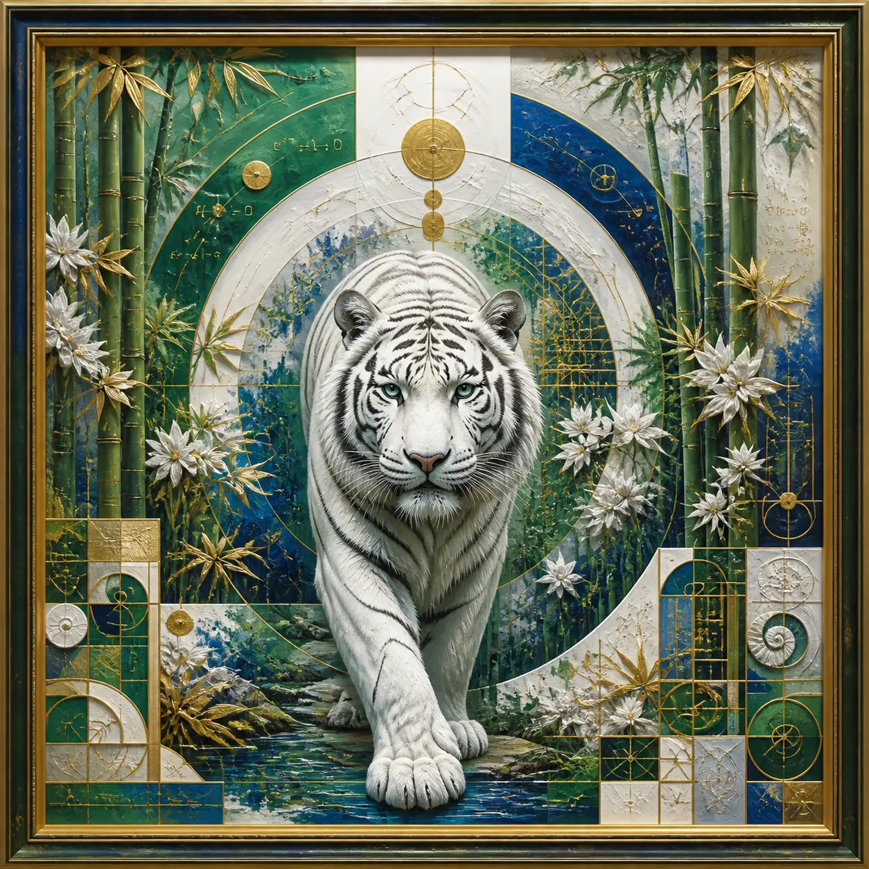 White tiger in abstract bamboo garden painting