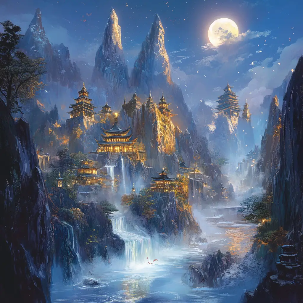 Majestic Crystal Mountains And River In Moonlit Fantasy Valley