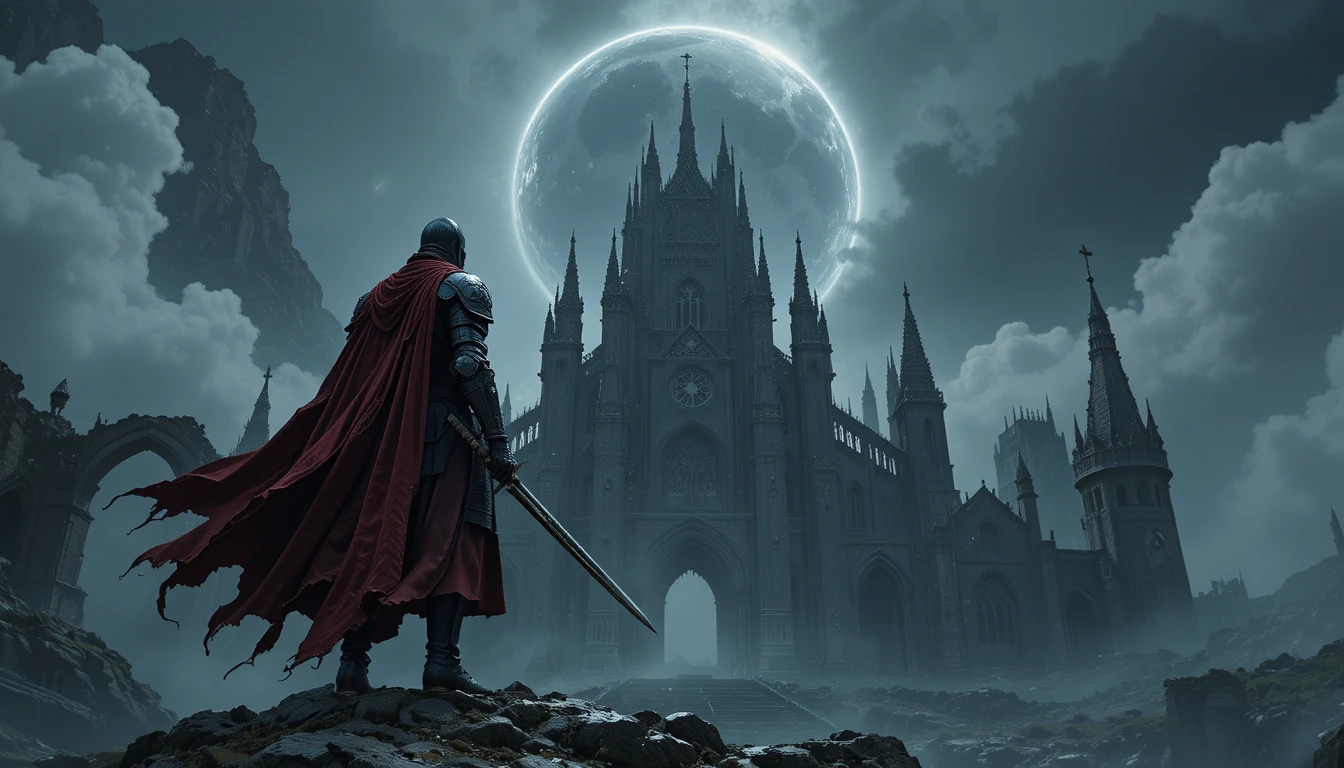 Dark knight on a ruined gothic cathedral under eclipse