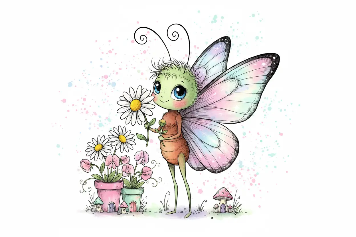Whimsical Butterfly Character With Colorful Wings And Daisy