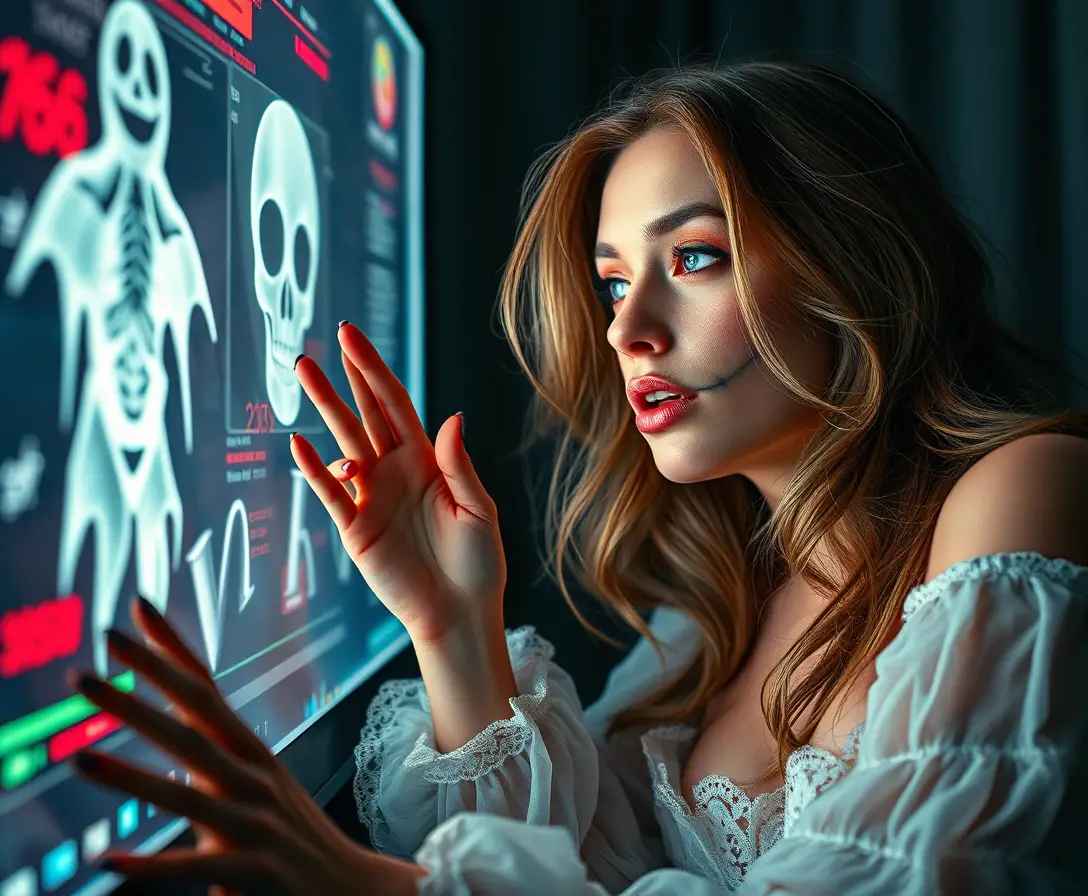 Ghostly woman facing screens in surreal comic horror scene