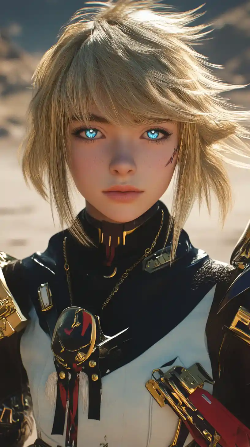 Blonde fantasy girl adventurer in a windswept desert