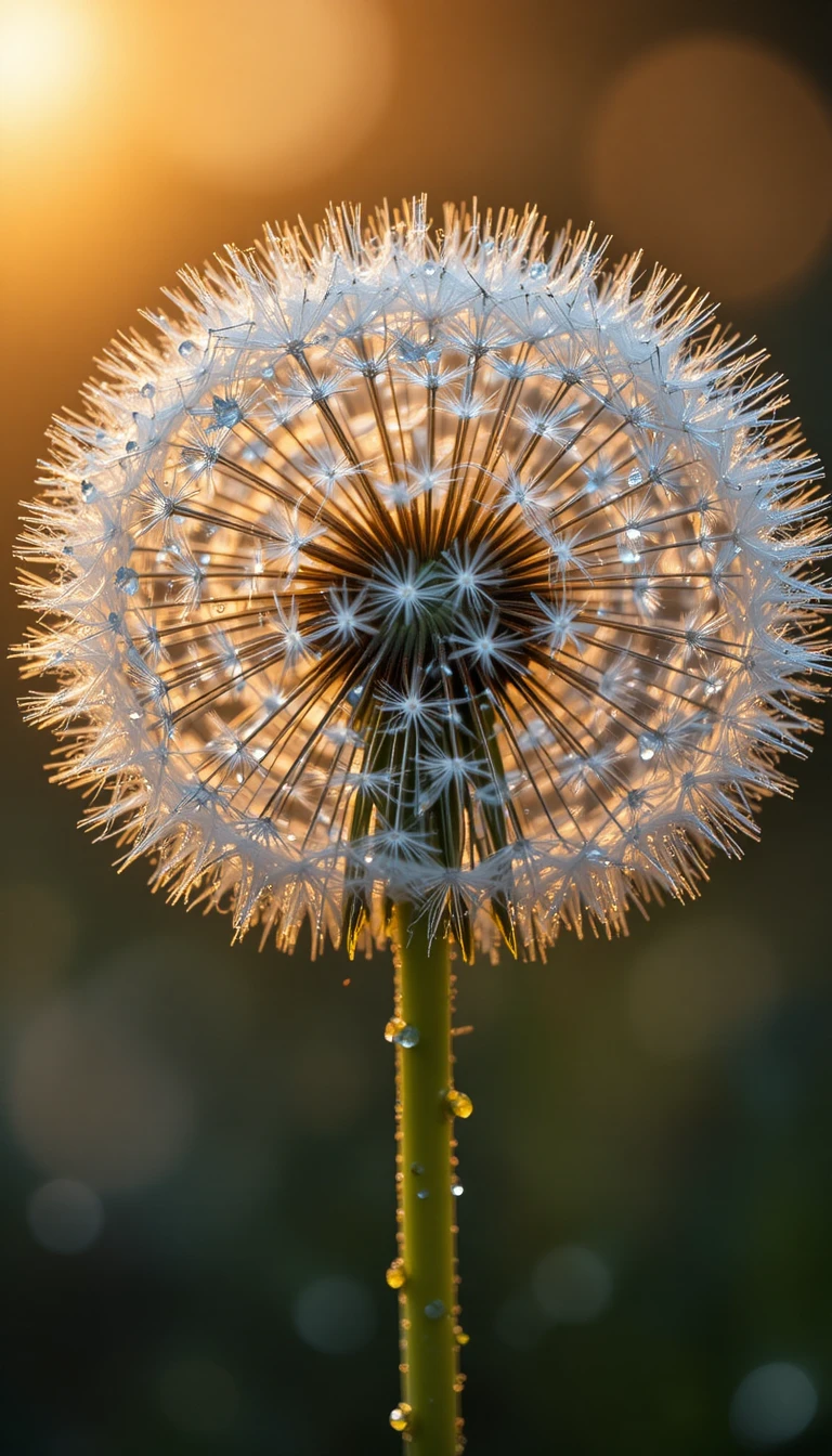 Macro dandelion seed head covered in sparkling dew