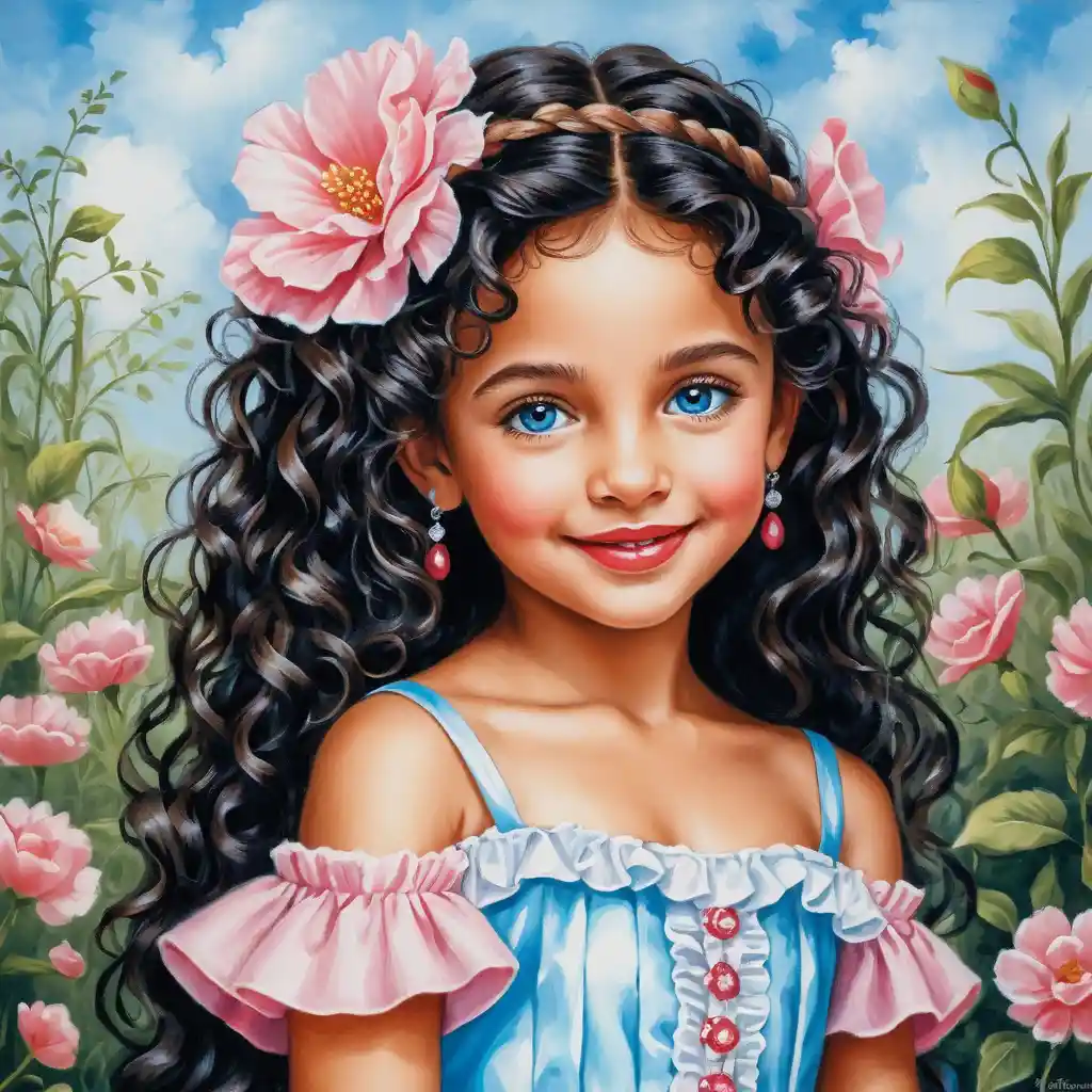 Smiling curly haired girl in a white floral summer dress