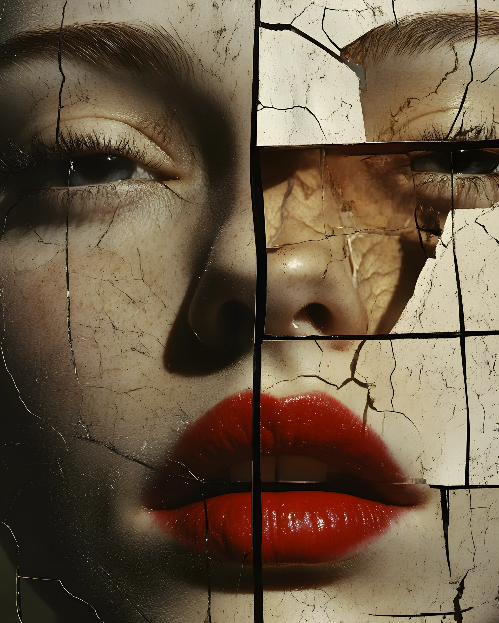 Fragmented female portrait in surreal grid and glass distortion