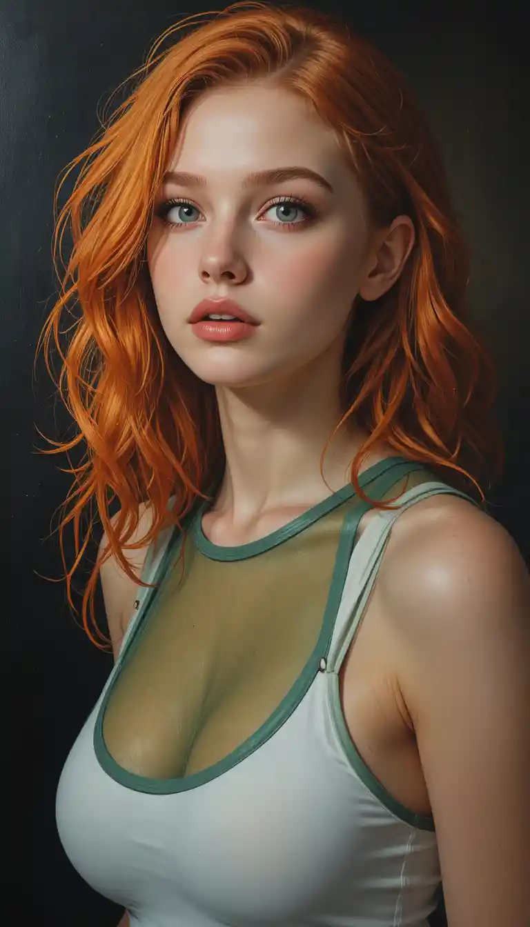 Realistic portrait of a red haired girl in green sheer top