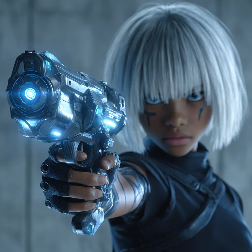 Asian girl holding a futuristic energy weapon in studio