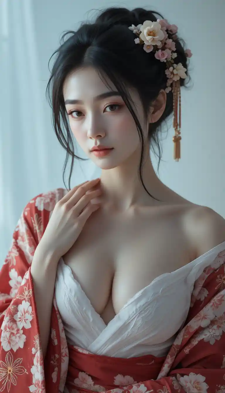 Ethereal portrait of a Japanese woman in red kimono