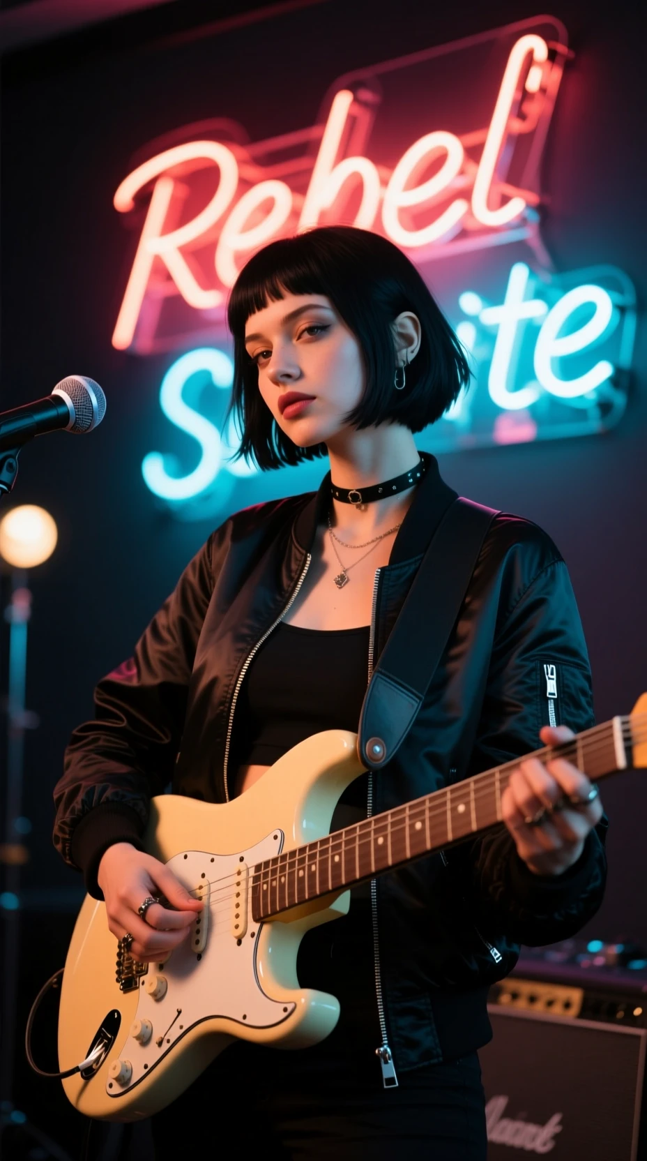 Relaxed punk woman portrait with soft studio backdrop