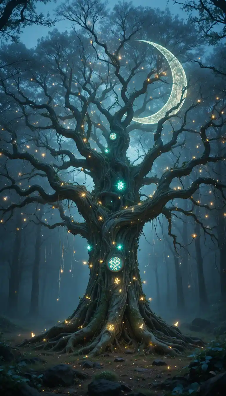 Glowing rune covered tree in a mystical moonlit forest