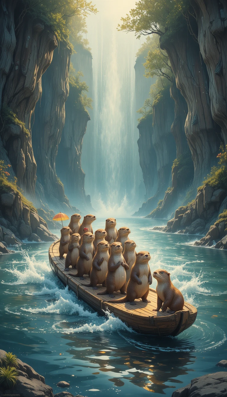 Playful otters riding a carved wooden train on a river