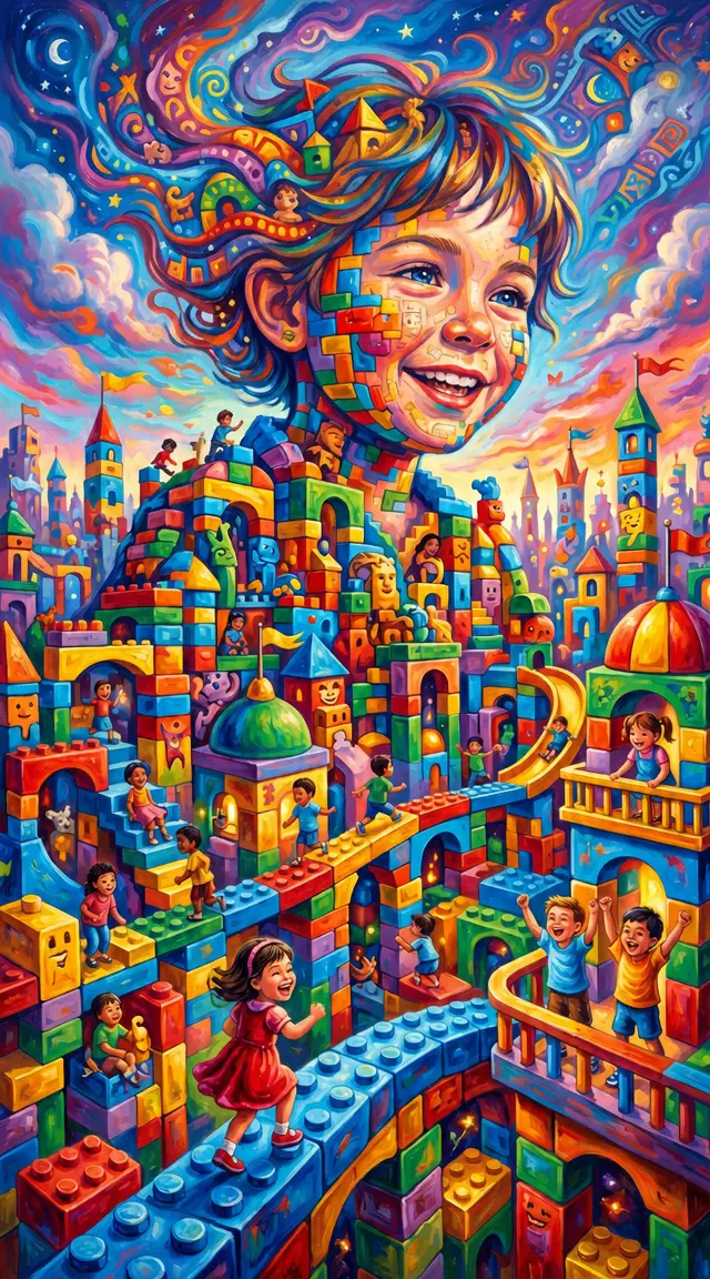 Children Playing In A Fantasy City Of Colorful Blocks