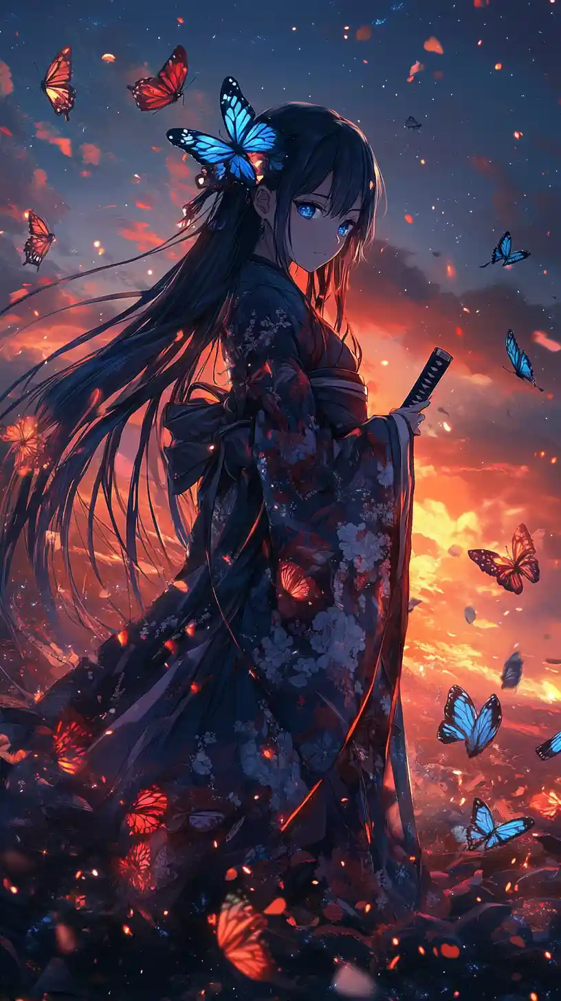 Anime swordswoman with butterflies in a twilight fantasy landscape