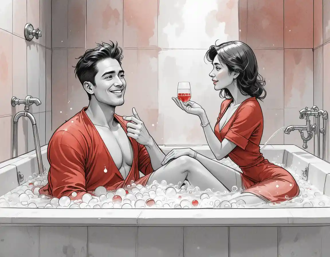 Middle aged man in red bathrobe chatting in bubbly tub