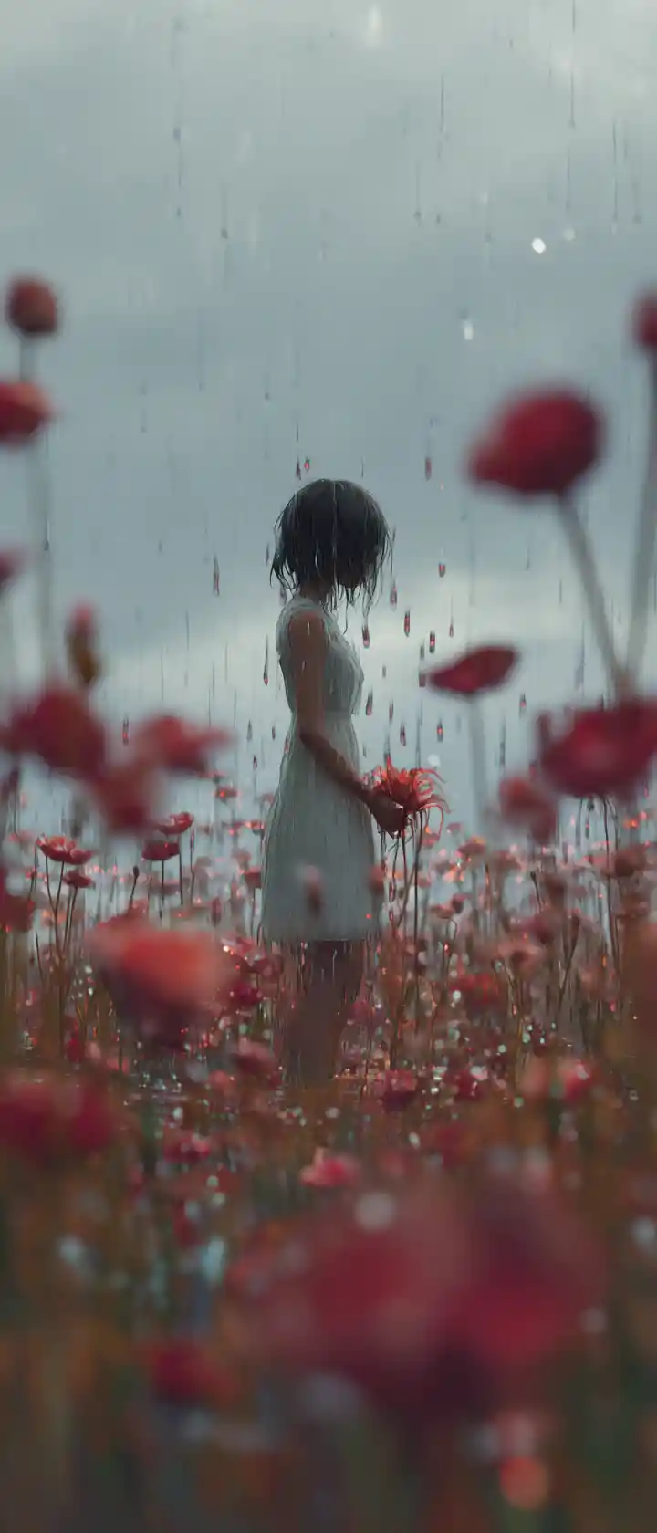 Anime girl in rainy flower field holding fading petals