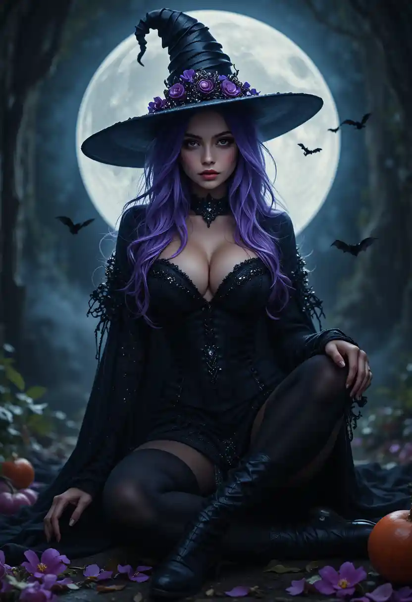 Seductive purple haired witch under the full Halloween moon