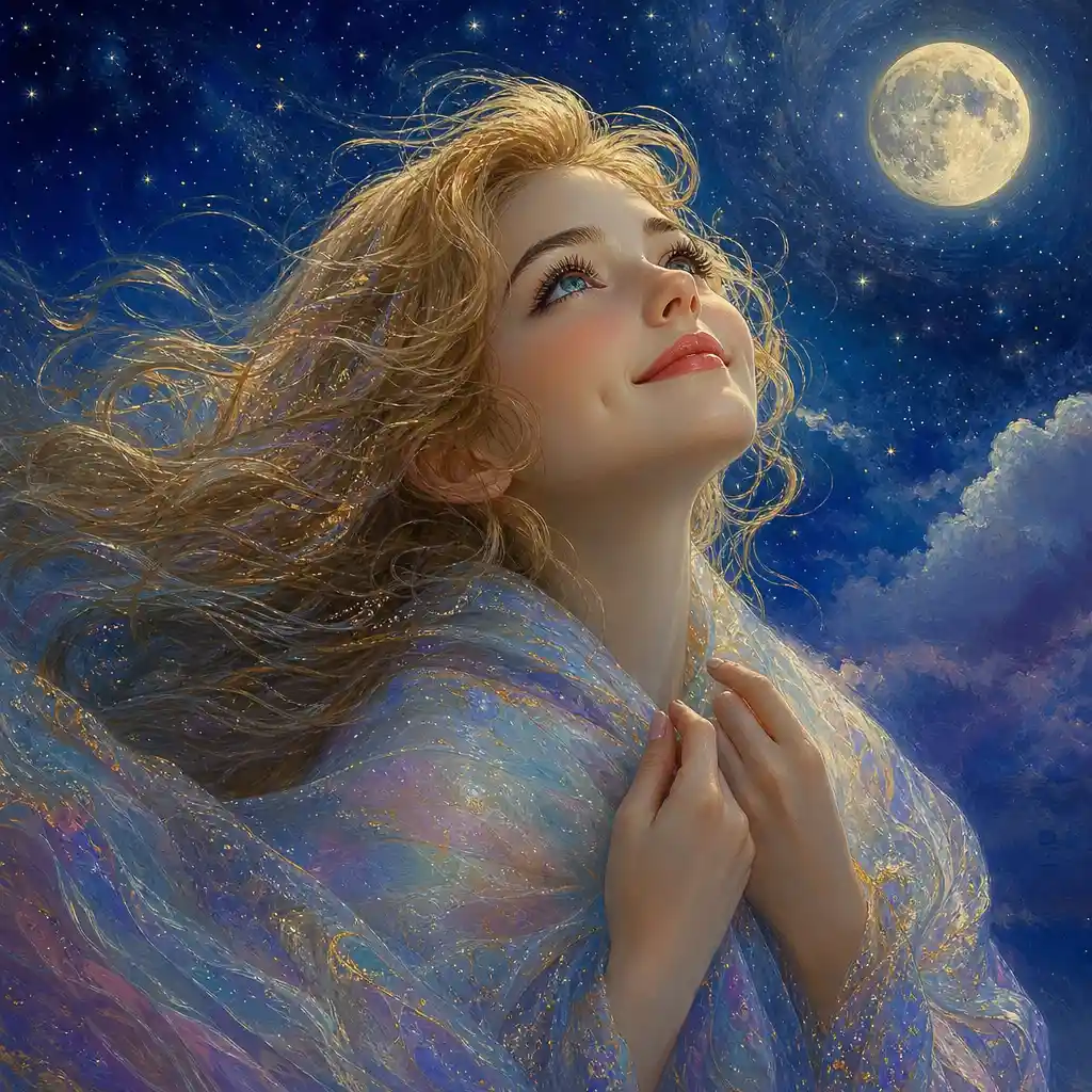 Ethereal woman in moonlight with flowing golden hair