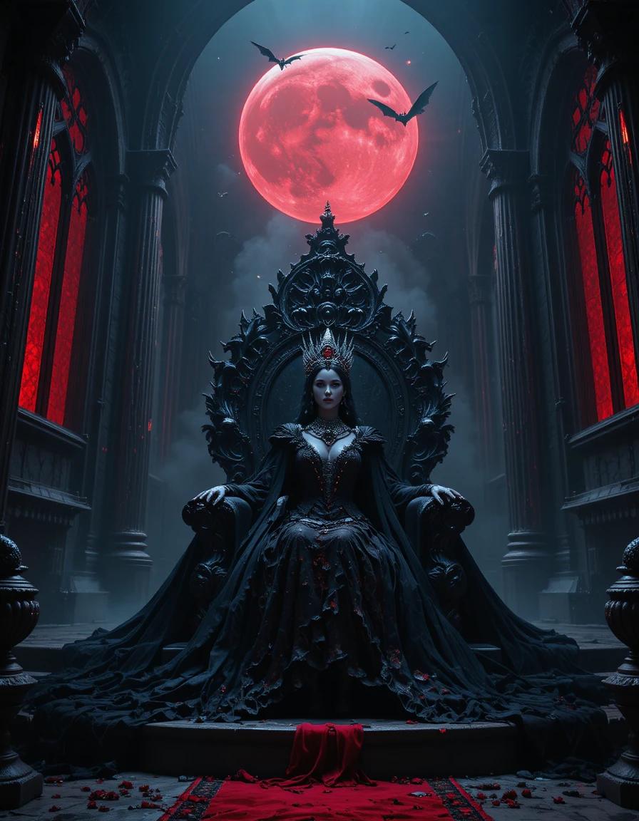 Vampire queen on a crystal throne in red moonlight