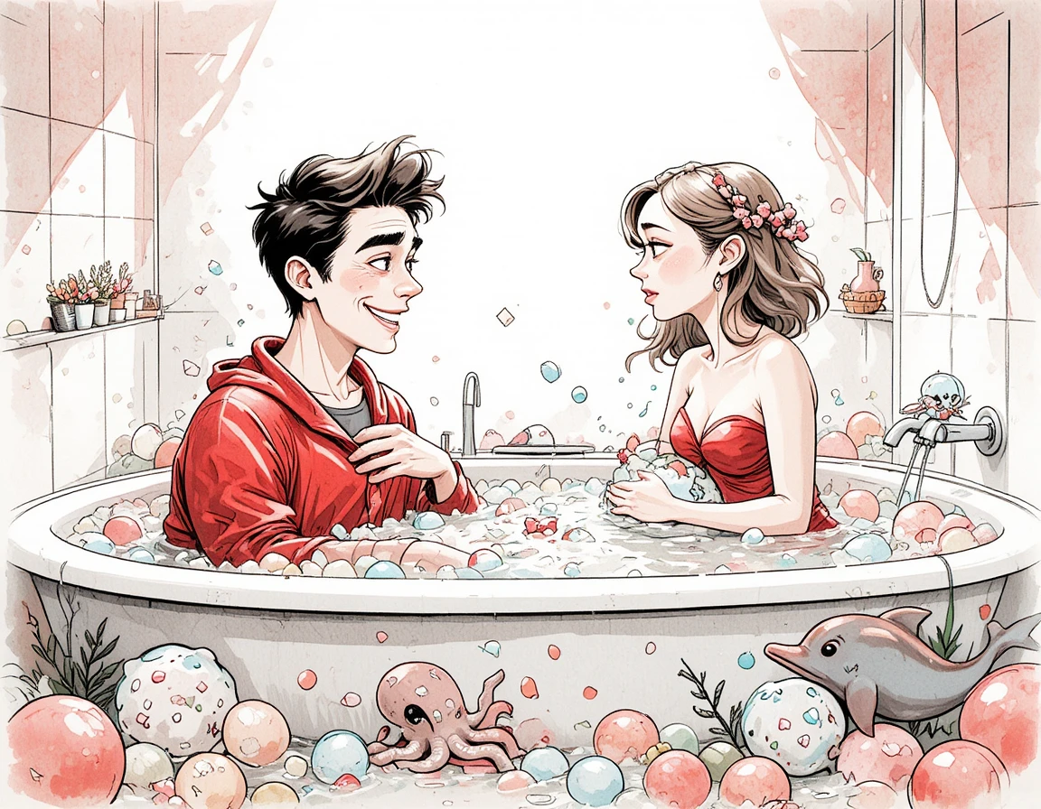Playful couple chatting in a comic style bathroom scene