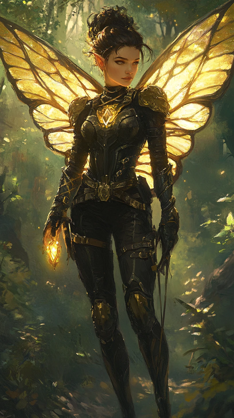 Contemplative Warrior Fairy With Golden Wings In Forest