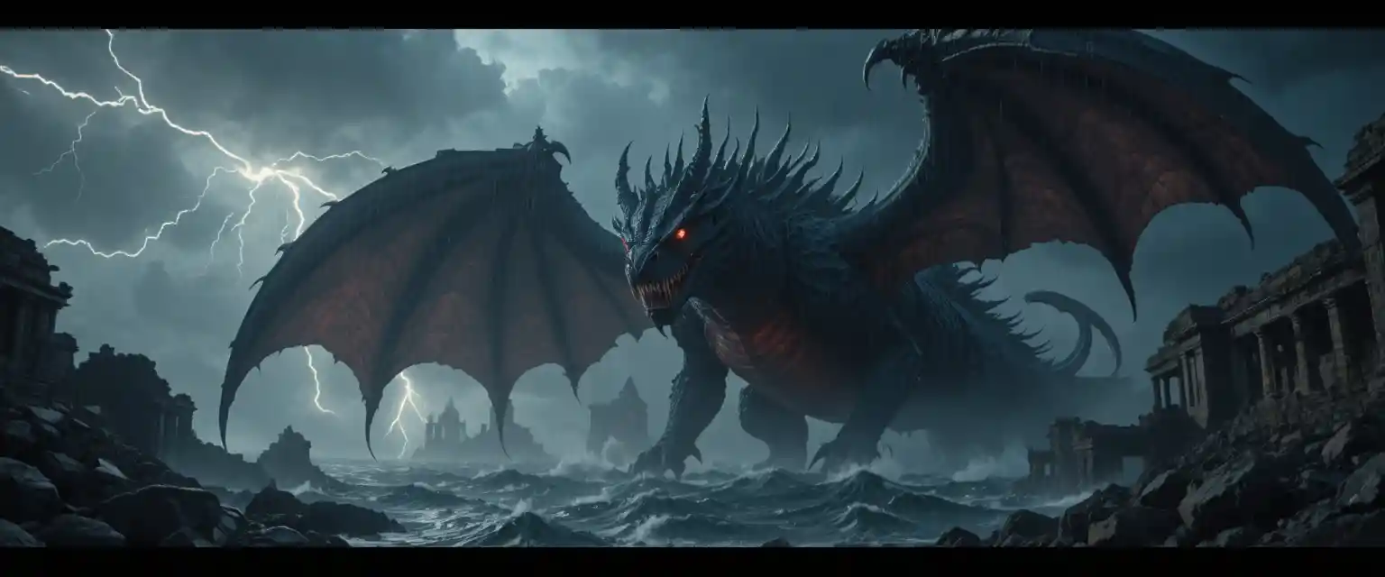 Abyssal dragon rising from a stormy black ocean