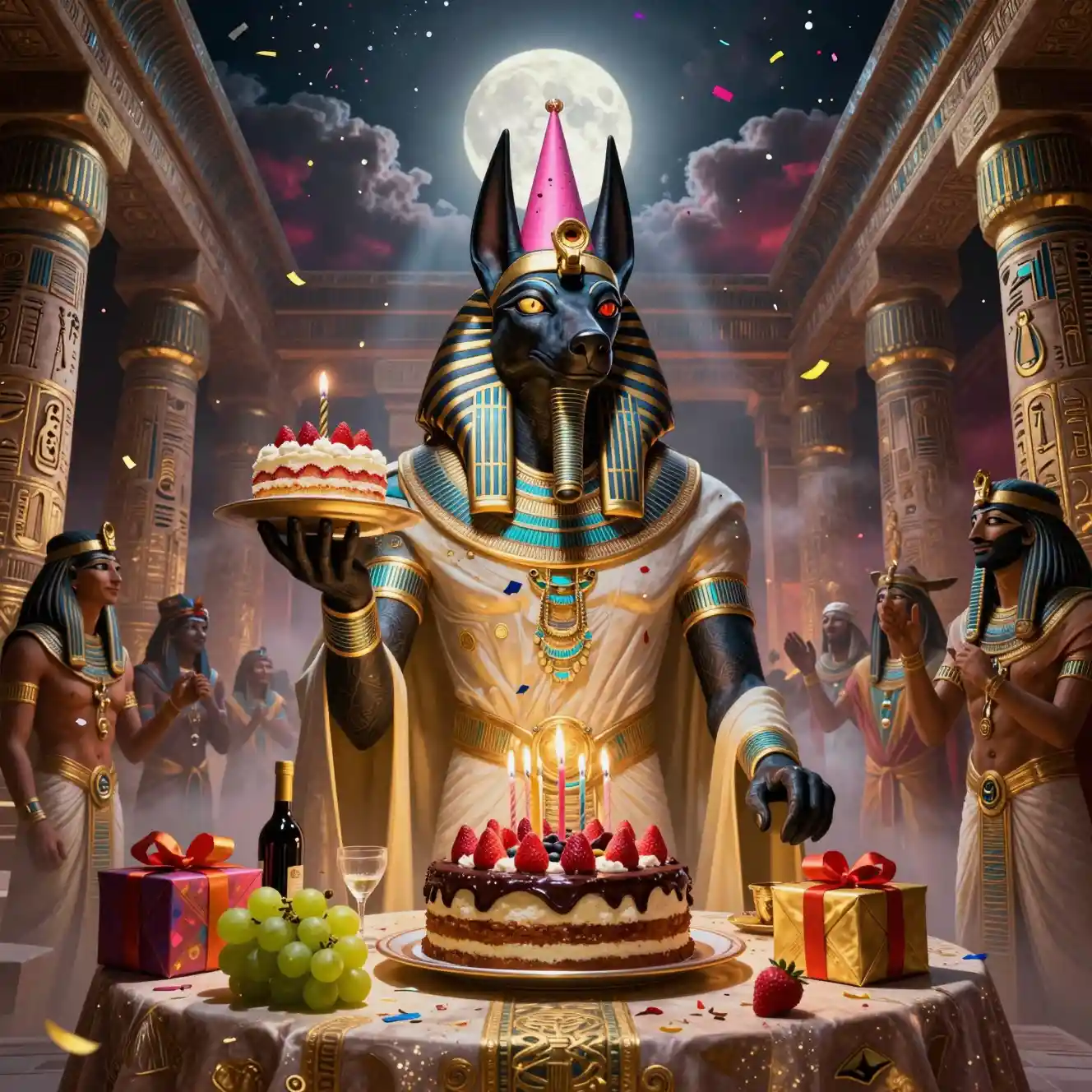 Anubis Birthday Celebration In A Moonlit Egyptian Temple
