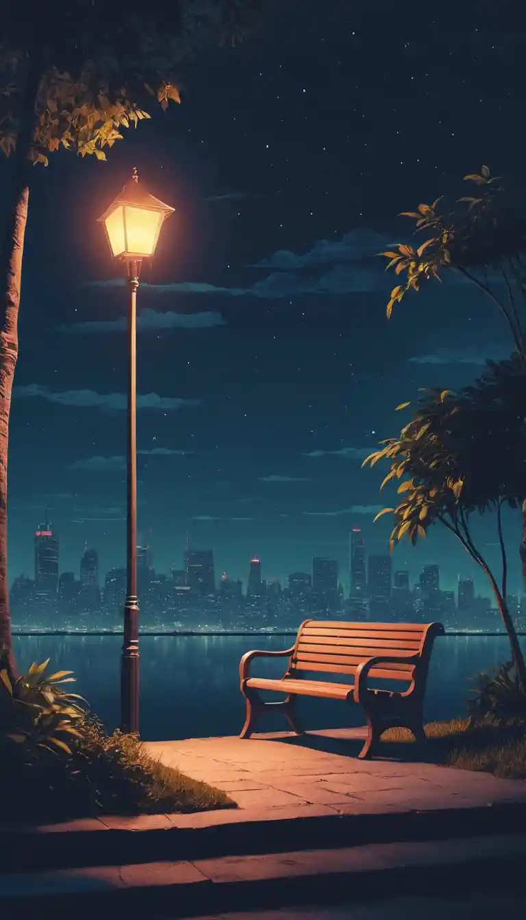 Midnight outdoor scene with mellow lofi chill atmosphere