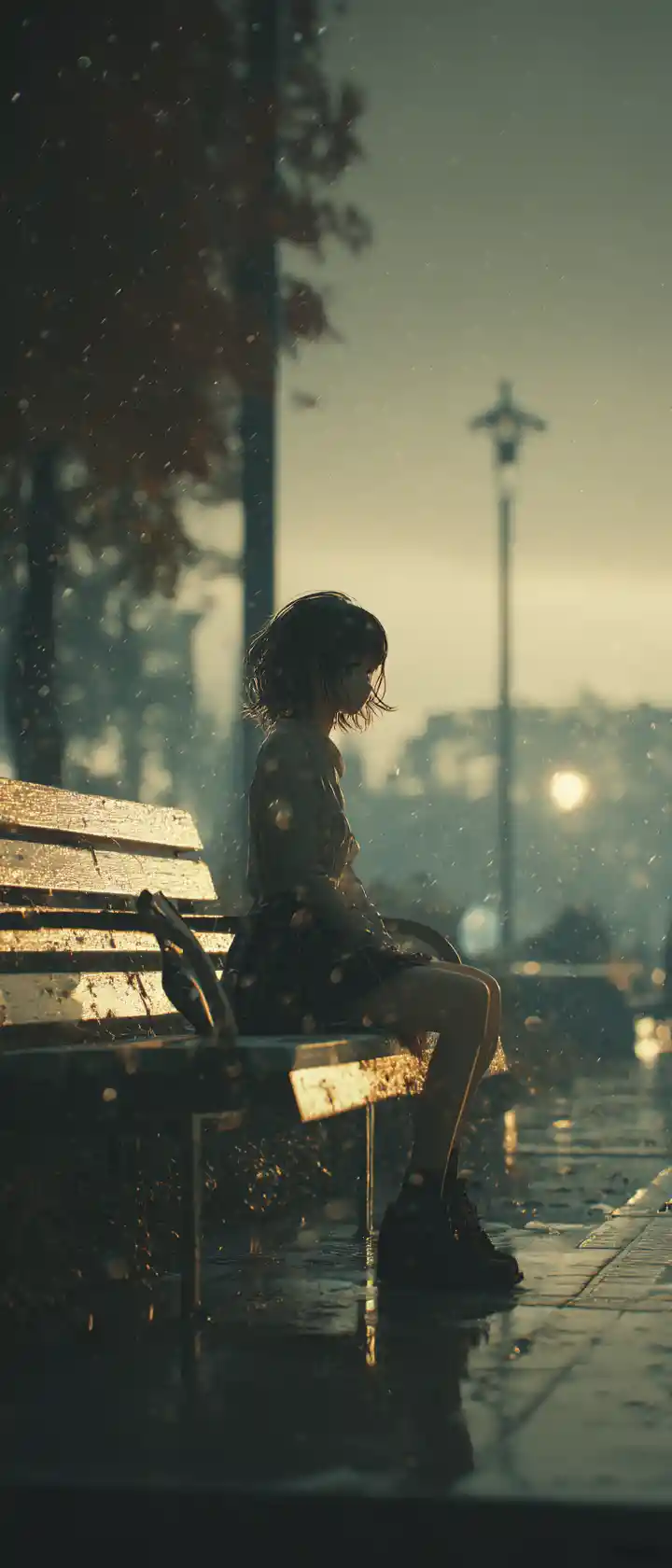 Lonely anime girl fading on a rainy park bench at dusk