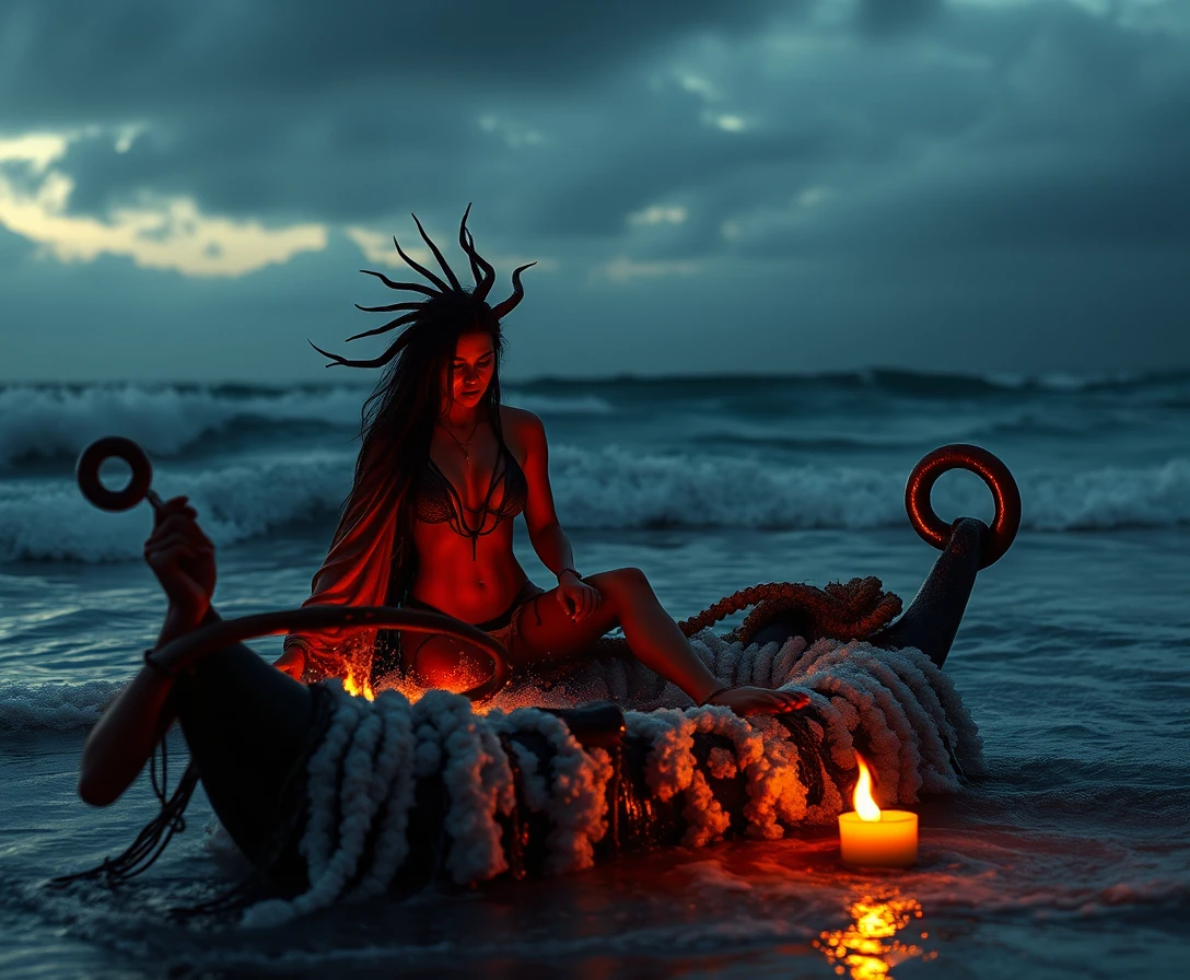 Grim reaper ritual at the seaside with sinking ship