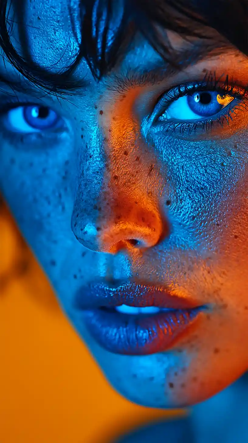 Extreme close up portrait of a woman in blue light