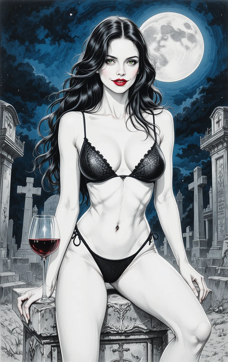 Seductive vampire woman on a tombstone in a dark cemetery