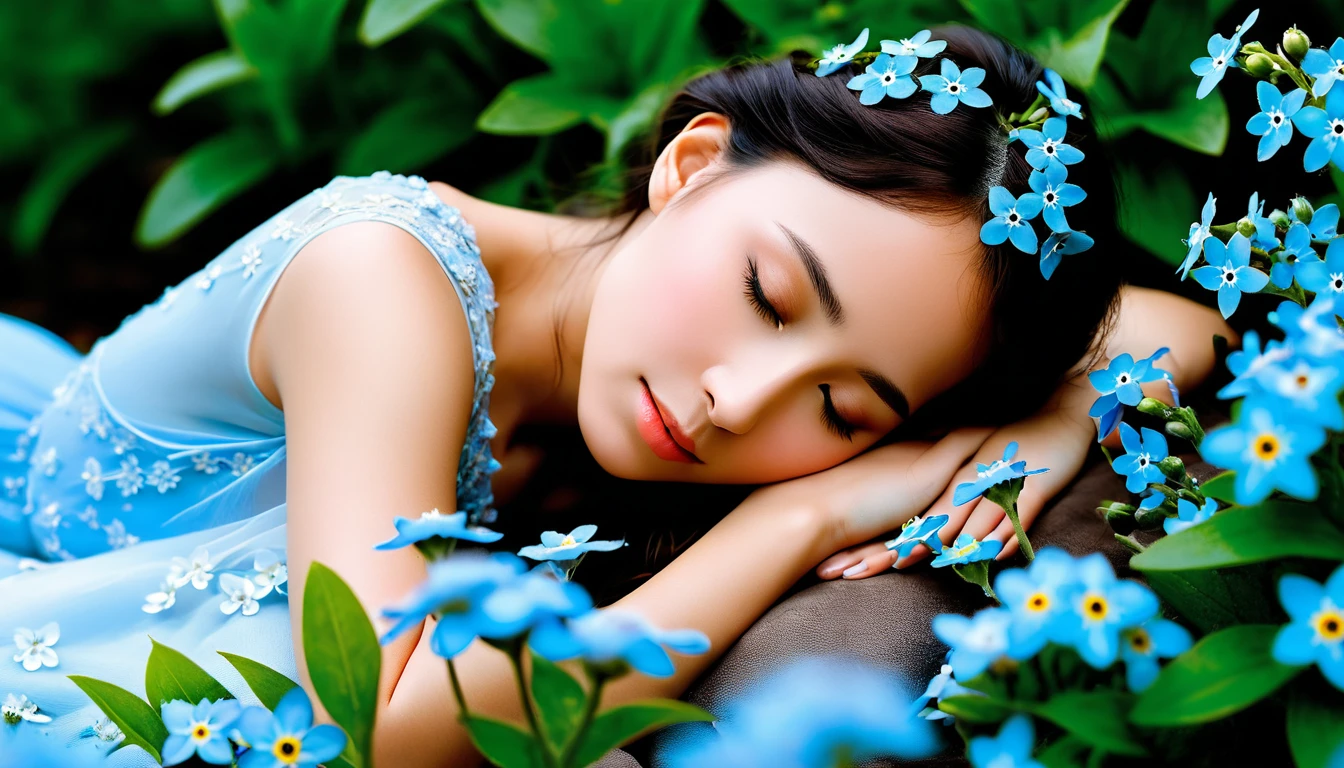 Ethereal being sleeping within a blue forget me not blossom