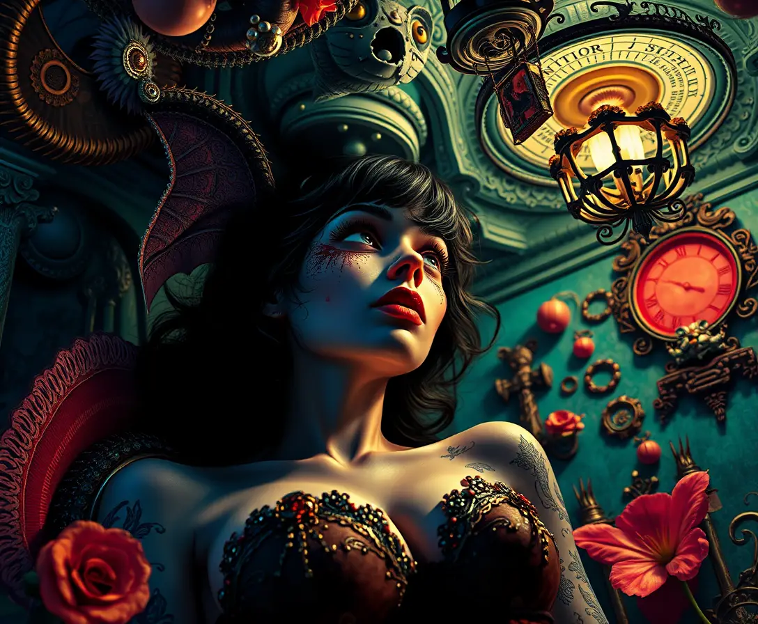 Surreal popsurrealist scene of a woman in comic horror